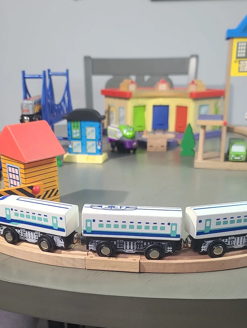 Kids Wooden Train Set - Blue & White Bullet Train Playset
